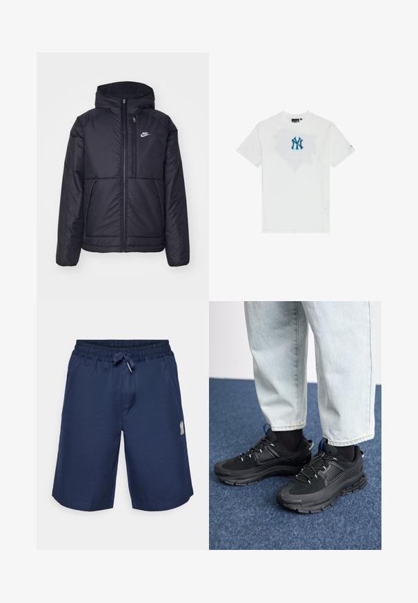 Must musta Nike jope, millel on ees lukuga avamine ja kapuuts. Vasakpoolne rind on kaunistatud valge logoga ning ees on kaks taskut. Sile välimine tekstuur.; Valge puuvillane T-särk ümmarguse kaelusega, mille esiküljel on sinine NY logo ja selle taga peen graafiline muster. Lühikesed varrukad.; Tumedad sinised lühikesed püksid, mis on valmistatud kergetest kangast, pa elastse vöökoha ja tõmbluku ning esi-taskuga. Includes small logo detail.; Mustad mustad jooksukingad, millel on tekstureeritud kangas ja kummist tallad, elastsed nöörid ning sinine aksent kandadel. Kandmine heledate teksadega.