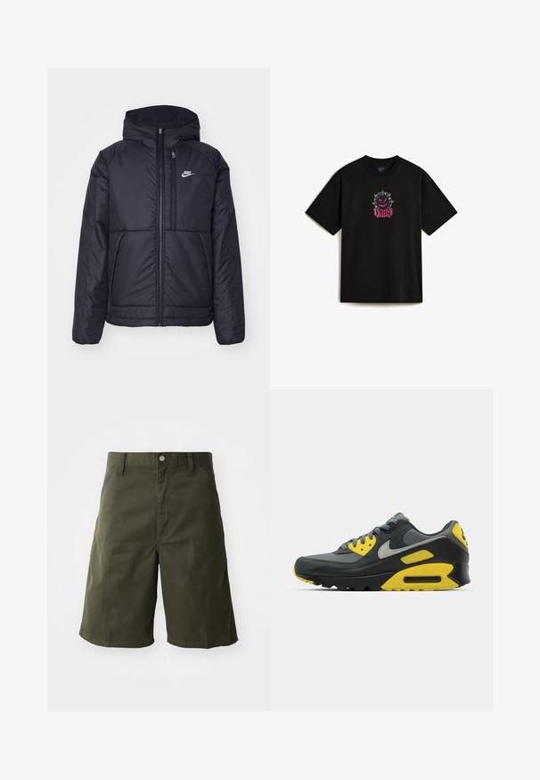 Veste Nike noire rembourrée avec une fermeture éclair sur le devant et une capuche. Elle présente un logo blanc sur la poitrine gauche et deux poches avant. Texture extérieure lisse.; T-shirt en coton noir avec un design graphique sur le devant représentant un personnage de dessin animé avec des épines et le mot "VANS" en écriture rose. Manches courtes.; Shorts en coton verts avec une coupe droite, dotés d'une fermeture à bouton et de poches latérales. Texture lisse, longueur au genou.; Baskets Nike Air Max 90 grises et jaunes présentées sur un fond blanc, mettant en avant leur design et les contrastes de couleurs.