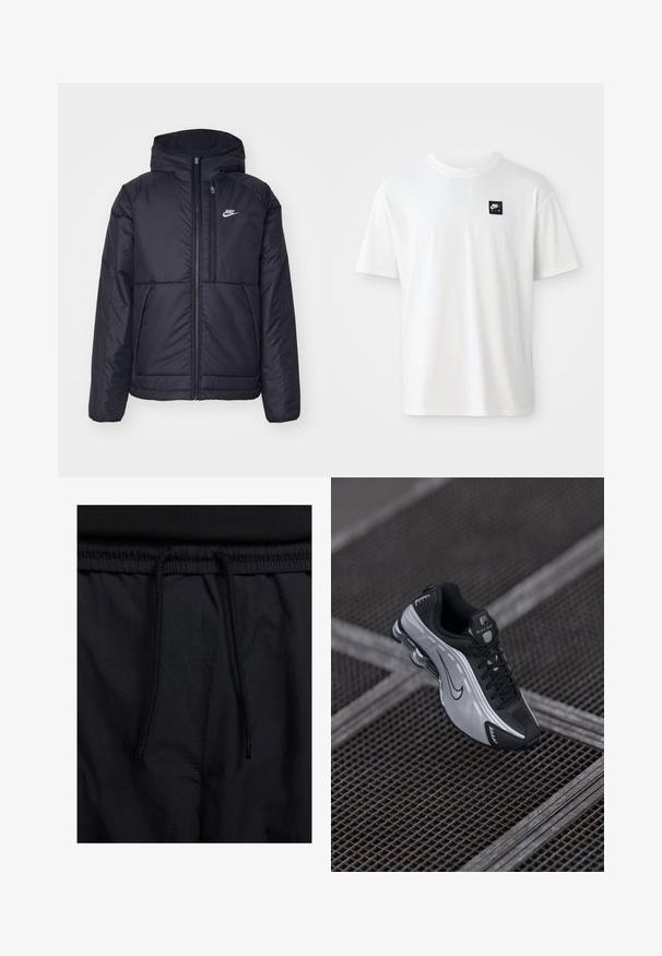 Crna Nike jakna s podstavom, dugmadi sprijeda i kapuljačom. Ima bijeli logotip na lijevoj strani prsnog koša i dva prednja džepa. Glatka vanjska tekstura.; Bijela pamučna majica s kratkim rukavima i okruglim izrezom; sadrži mali crni pravokutni Nike Air logo na lijevoj strani prsnog koša.; Crne kratke hlače s pojasom na vezanje, lagani materijal s glatkom teksturom i jednostavan dizajn bez vidljivih logotipa ili uzoraka.; Nike atletska cipela s crno-srebrnim dizajnom. Izrađena je od sintetičkog materijala s mrežastim naglascima i potporom kroz soles s vidljivim zračnim jastučićima.