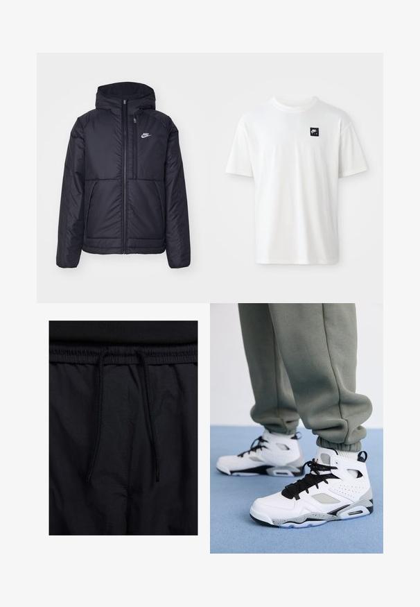 Fekete, párnázott Nike dzseki elülső cipzárral és kapucnival. A bal mellen fehér logó található, valamint két elülső zseb. Simának tűnő külső felület.; Fehér pamut póló rövid ujjú, kerek nyakkal; az első bal oldalon egy kis fekete téglalap alakú Nike Air logó található.; Fekete rövidnadrág, húzózsinórral ellátott derékrésszel, könnyű anyagból, sima felszínen, egyszerű dizájnnal, látható logók vagy minták nélkül.; Jordan JORDAN FLIGHT CLUB '91 - Magas szárú sneakerek - white/gym red/black/matte silver