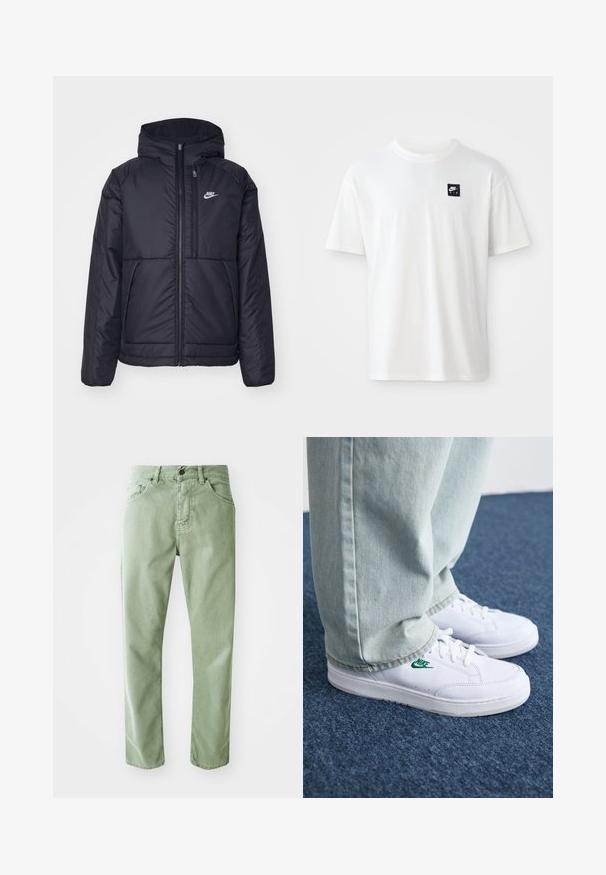 Casaco Nike preto, acolchoado, com fecho à frente e capuz. Apresenta um logo branco no lado esquerdo do peito e dois bolsos frontais. Textura exterior lisa.; T-shirt branca em algodão com mangas curtas e decote redondo; apresenta um pequeno logótipo retangular preto da Nike Air no lado esquerdo do peito.; Jeans de ganga verdes com corte recto, cinco bolsos e fecho frontal com botão. Apresentam uma textura subtil e um acabamento limpo.; Tênis de couro brancos com logo verde da Nike, bico redondo, sola plana, combinados com calças de denim azul claro, exibidos sobre um tapete azul.