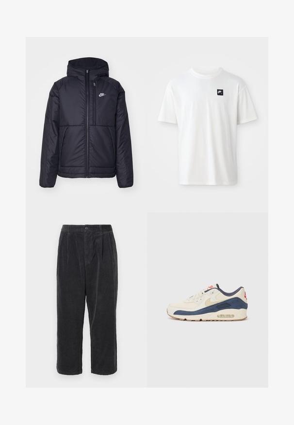 Veste Nike noire rembourrée avec une fermeture éclair sur le devant et une capuche. Elle présente un logo blanc sur la poitrine gauche et deux poches avant. Texture extérieure lisse.; T-shirt en coton blanc à manches courtes et col rond ; présente un petit logo rectangulaire noir Nike Air sur la poitrine gauche.; Pantalons en velours côtelé gris foncé à coupe ample, dotés d'une fermeture à bouton, de plis et d'une longueur cropped, affichant une texture ribbed.; Baskets avec un dessus en cuir crème et en suède bleu marine, dotées d'une semelle à air visible, d'une semelle en caoutchouc beige et d'un accent rouge au talon.