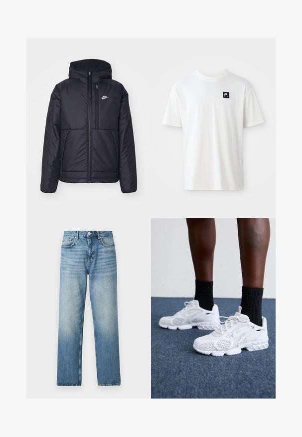 Black, padded Nike jacket with a front zipper and hood. Features a white logo on the left chest and dual front pockets. Smooth exterior texture.; White cotton t-shirt with short sleeves and a crew neck; features a small black rectangular Nike Air logo on the left chest.; Light blue denim jeans with a straight cut, featuring a button closure, five pockets, and subtle fading near the hem. Flat texture.; White athletic shoes with mesh upper, textured accents, and cushioned sole. Paired with black ribbed ankle socks on a blue carpeted surface.
