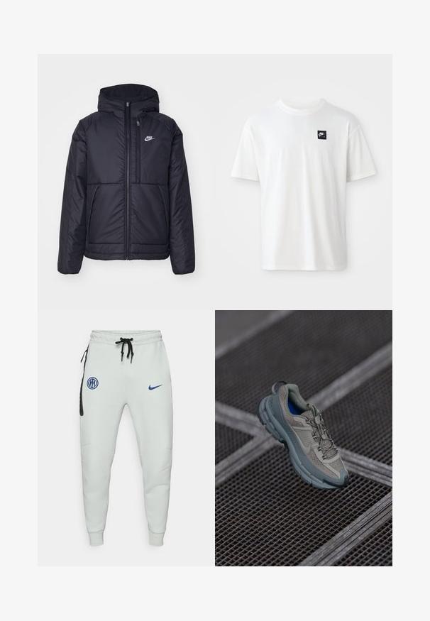 Veste Nike noire rembourrée avec une fermeture éclair sur le devant et une capuche. Elle présente un logo blanc sur la poitrine gauche et deux poches avant. Texture extérieure lisse.; T-shirt en coton blanc à manches courtes et col rond ; présente un petit logo rectangulaire noir Nike Air sur la poitrine gauche.; Jogging gris clair en tissu doux, avec une poche d'accent noir, des patchs de logo bleus, une taille avec cordon de serrage ajustable et des poignets ajustés.; Chaussure de sport beige et grise avec une tige en maille texturée, un bout arrondi et une semelle en caoutchouc, comportant des lacets et un col rembourré.