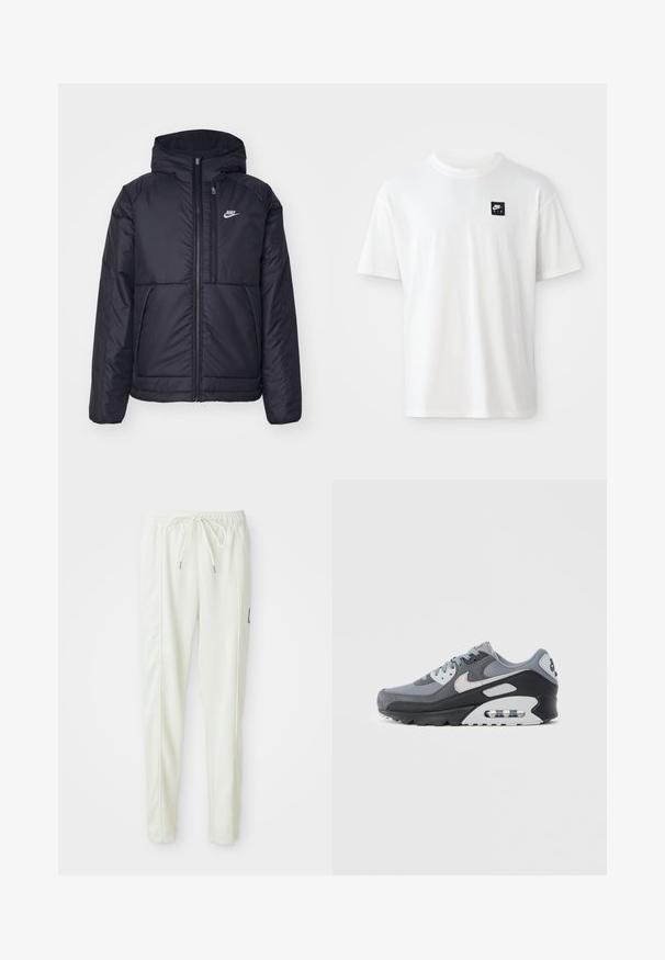 Black, padded Nike jacket with a front zipper and hood. Features a white logo on the left chest and dual front pockets. Smooth exterior texture.; White cotton t-shirt with short sleeves and a crew neck; features a small black rectangular Nike Air logo on the left chest.; White slim-fit jogger pants with elastic waistband and drawstring, featuring side seam detailing and a small black patch on the right leg.; Gray sneaker featuring a mix of mesh and suede materials, with a black sole and visible air unit. Notable light gray accents and laces.