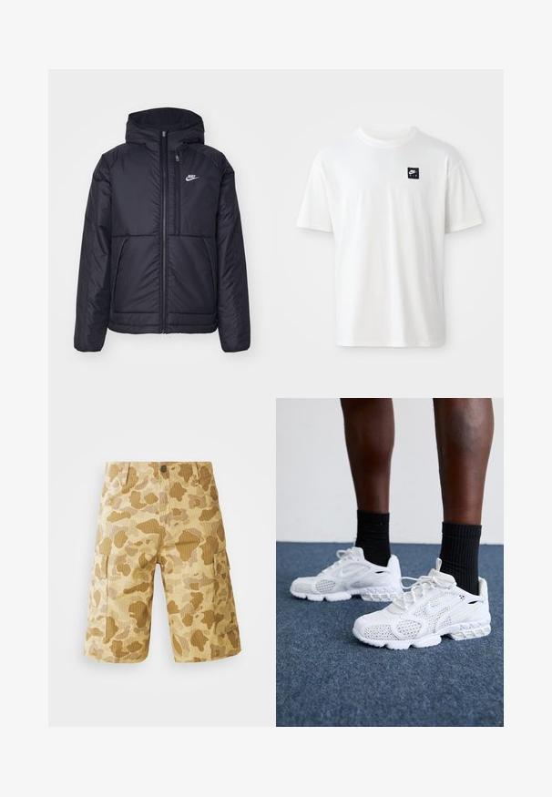 Black, padded Nike jacket with a front zipper and hood. Features a white logo on the left chest and dual front pockets. Smooth exterior texture.; White cotton t-shirt with short sleeves and a crew neck; features a small black rectangular Nike Air logo on the left chest.; Beige cargo shorts with a camouflage pattern in shades of brown, featuring side pockets, a buttoned waistband, and vertical ribbing texture.; White athletic shoes with mesh upper, textured accents, and cushioned sole. Paired with black ribbed ankle socks on a blue carpeted surface.