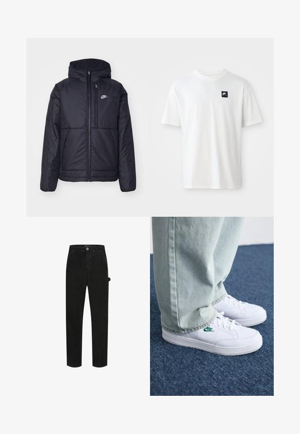 Črna, podložena Nike jakna z sprednjim zadrgo in kapuco. Ima bel logo na levem prsnem delu in dvojna sprednja žepa. Gladka zunanja tekstura.; Bela bomba iz 100% bombaža s kratkimi rokavi in okroglim izrezom; na levem prsnem delu ima majhen črn pravokotni logotip Nike Air.; Črne denim hlače z zasnovo petih žepov, ravno krojenimi nogami, gumbom za zapiranje in stranskim uporabnim žepom z toniranim šivom.; Bela usnjena športna obutev z zelenim Nike logotipom, okrogla konica, ravna podplat, v kombinaciji z svetlo modrimi kavbojkami, prikazana na modrem preprogu.