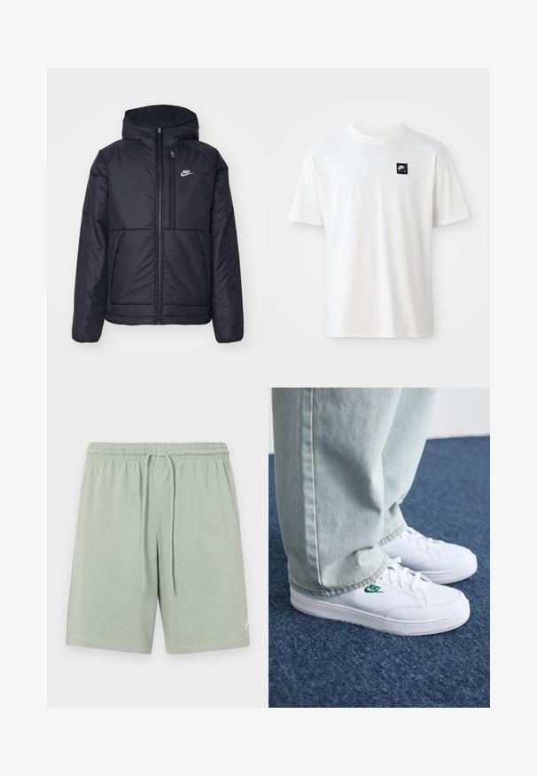 Casaco Nike preto, acolchoado, com fecho à frente e capuz. Apresenta um logo branco no lado esquerdo do peito e dois bolsos frontais. Textura exterior lisa.; T-shirt branca em algodão com mangas curtas e decote redondo; apresenta um pequeno logótipo retangular preto da Nike Air no lado esquerdo do peito.; Calções verde-claro feitos de tecido suave, com um cós elástico e cordão ajustável, bolsos laterais e um pequeno logótipo destacado.; Tênis de couro brancos com logo verde da Nike, bico redondo, sola plana, combinados com calças de denim azul claro, exibidos sobre um tapete azul.