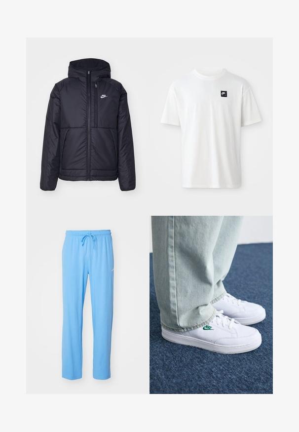 Juodas, paminkštintas Nike džemperis su priekyje užtrauktuku ir gobtuvu. Pasižymi balta logo kairėje krūtinės pusėje ir dviem priekinėmis kišenėmis. Su lygiu išoriniu paviršiumi.; Balta medvilnės marškinėliai su trumpomis rankovėmis ir apvalia iškirpte; ant kairiojo krūtinės puikuojasi mažas juodas stačiakampis "Nike Air" logotipas.; Šviesiai mėlynos sportinės kelnės, pagamintos iš minkštos medžiagos, su elastingu juosmeniu ir raišteliu, bei maža logotipo detalė šalia klubo.; Balti odiniai sportbačiai su žaliu Nike logotipu, apvalia nosimi, plokščiu padu, derinami su šviesiai mėlynomis džinsinėmis kelnėmis, rodomi ant mėlynos kiliminės dangos.