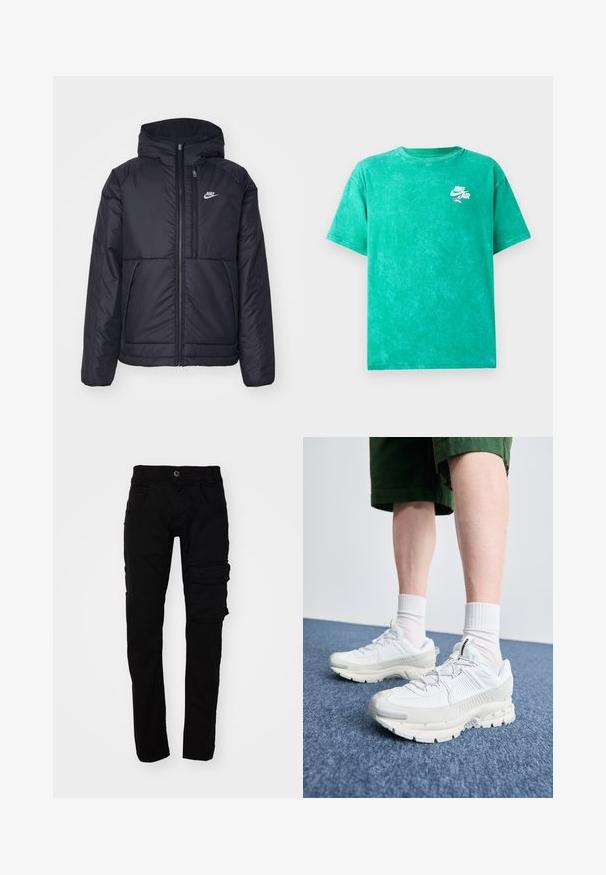 Casaco Nike preto, acolchoado, com fecho à frente e capuz. Apresenta um logo branco no lado esquerdo do peito e dois bolsos frontais. Textura exterior lisa.; T-shirt verde com efeito tie-dye, feita de algodão. Apresenta um decote arredondado, mangas curtas e um pequeno logo branco da Nike Air na área do peito esquerdo.; Calças cargo pretas com um corte slim, feitas de tecido de algodão durável. Apresentam vários bolsos e um fecho de botão na cintura.; Sapatos atléticos brancos com sobreposições texturizadas, sola espessa e detalhes em cinza. Usados com meias brancas até ao tornozelo e calções verdes sobre uma superfície azul.