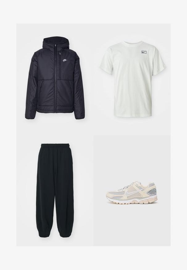 Black, padded Nike jacket with a front zipper and hood. Features a white logo on the left chest and dual front pockets. Smooth exterior texture.; White cotton T-shirt with short sleeves, featuring a navy Nike logo embroidered on the left chest. Standard crew neck design.; Black, elasticated-waist sweatpants with a loose fit, cuffed ankles, smooth texture, and no visible patterns or hardware accents.; Lightweight running shoe with a beige and grey mesh upper, textured overlays, white logo, and a cushioned sole. Accented with breathable paneling.