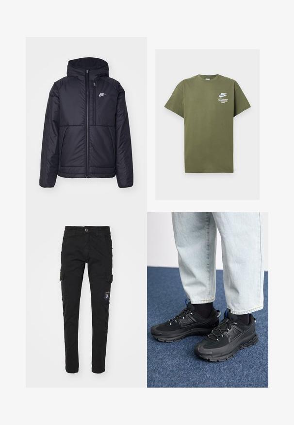 Crna Nike jakna s podstavom, dugmadi sprijeda i kapuljačom. Ima bijeli logotip na lijevoj strani prsnog koša i dva prednja džepa. Glatka vanjska tekstura.; Tamnoplavi pamučni majica s kratkim rukavima, okruglim izrezom i bijelim tiskanim tekstom: "SAMO OVLAŠTENI OSOBE NIKE" na prednjoj strani.; Crne cargo hlače od pamuka sa uskim krojem, koje imaju više bočnih džepova, zatvarač i detalj aplikacije na lijevoj nozi.; Crne atletske cipele s teksturiranom tkaninom i gumene potplate, s elastičnim vezicama i plavim akcentom na peti. Nosene su s svijetlim trapericama.
