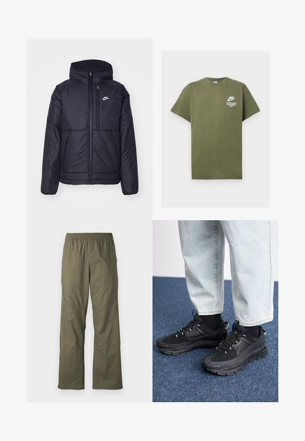 Crna Nike jakna s podstavom, dugmadi sprijeda i kapuljačom. Ima bijeli logotip na lijevoj strani prsnog koša i dva prednja džepa. Glatka vanjska tekstura.; Tamnoplavi pamučni majica s kratkim rukavima, okruglim izrezom i bijelim tiskanim tekstom: "SAMO OVLAŠTENI OSOBE NIKE" na prednjoj strani.; Maslinasto zelene cargo traperice s elastičnim pojasom, širokim nogavicama i naglašenim panelima na koljenima, izrađene od izdržljivog materijala.; Crne atletske cipele s teksturiranom tkaninom i gumene potplate, s elastičnim vezicama i plavim akcentom na peti. Nosene su s svijetlim trapericama.
