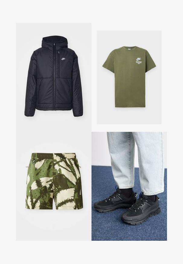Fekete, párnázott Nike dzseki elülső cipzárral és kapucnival. A bal mellen fehér logó található, valamint két elülső zseb. Simának tűnő külső felület.; Olíva zöld pamut póló rövid ujjakkal, kerek nyakkal, az elülső részén fehér nyomtatott szöveggel: "NIKE AUTHORIZED PERSONNEL ONLY".; Zöld és bézs fürdőnadrág, kaktusz mintával, elasztikus derékrésszel, húzózsinórral és oldalsó zsebekkel. Tartós anyag, texturált felülettel.; Fekete sportcipők texturált anyaggal és gumitalppal, elasztikus fűzőkkel és kék kiegészítővel a saroknál. Világos farmernadrággal viselve.