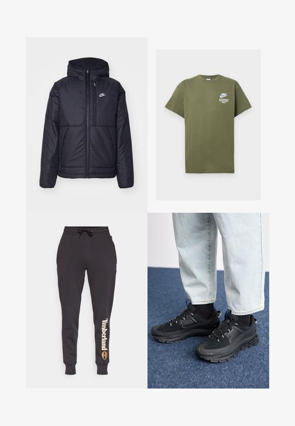 Črna, podložena Nike jakna z sprednjim zadrgo in kapuco. Ima bel logo na levem prsnem delu in dvojna sprednja žepa. Gladka zunanja tekstura.; Olivnozeleni bombažni t-shirt s kratkimi rokavi, okroglo izrezan, z belim tiskanim besedilom: "NIKE AVTORIZIRANO OSEBJE SAMO" spredaj.; Črne trenirke iz mehkega materiala, opremljene z elastičnim pasom z vrvico, zoženimi hlačnicami in natisnjeno "Timberland" logotipom v svetlo bež barvi.; Črne športne čevlje z teksturirano tkanino in gumijastimi podplati, ki imajo elastične vezalke ter modre poudarke na peti. Nosi se z lahkimi denim hlačami.