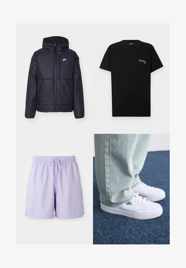 Black, padded Nike jacket with a front zipper and hood. Features a white logo on the left chest and dual front pockets. Smooth exterior texture.; Black cotton T-shirt with short sleeves, round neckline, and a small white logo printed on the left chest area.; Lilac swim shorts made from lightweight fabric, featuring an elastic waistband with drawstring, side slits, and a small logo accent.; White leather sneakers with green Nike logo, round toe, flat sole, paired with light blue denim pants, shown on a blue carpet.