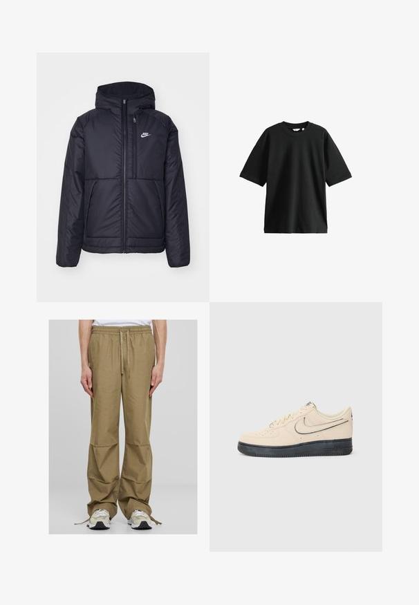 Must musta Nike jope, millel on ees lukuga avamine ja kapuuts. Vasakpoolne rind on kaunistatud valge logoga ning ees on kaks taskut. Sile välimine tekstuur.; Must musta värviline t-särk, mis on valmistatud puuvillast, on ümar kaelus ja lahtine lõige, millel on pehme tekstuur ja minimaalne kaunistus.; Heledad khaki cargo püksid, millel on elastne vöökoht, paelaga kinnitamine ja lai, mugav lõige. Omab küljetaskuid ja siledat kangast tekstuuri.; Beige südamega Nike Air Force 1 tossud musta kummitallaga, õmmeldud aktsendid, aukudega varvas ja silmapaistev swoosh logo.