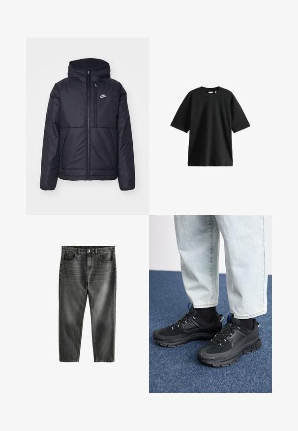 Melna, pufota Nike jaka ar priekšējo rāvējslēdzēju un kapuci. Iezīmēta ar baltu logotipu uz kreisās krūtis un divām priekšējām kabatām. Gluda ārējā tekstūra.; Melnas īsām piedurknēm t-krekls, izgatavots no kokvilnas, ar apaļu kaklu un brīvu piegriezumu, mīksta tekstūra un minimāli detaļas.; Tumši pelēki džinsu bikses ar brīvu piegriezumu, piecām kabatām, maigu izbalēšanu un kontrastējošu šuvju. Metāla pogas un rāvējslēdzēja aizdare.; Melni sporta apavi ar strukturētu audumu un gumijas zoli, ar elastīgām auklām un zilu akcentu uz papēža. Nēsāti ar gaišām džinsu biksēm.