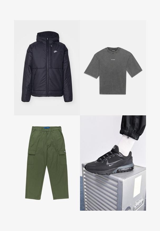 Czarna, pikowana kurtka Nike z przednim zamkiem błyskawicznym i kapturem. Posiada białe logo po lewej stronie klatki piersiowej oraz podwójne kieszenie z przodu. Gładka struktura zewnętrzna.; Wielki, krótkosleeve t-shirt w kolorze węgla z małym białym logo "HAN KJØBENHAVN" umieszczonym na środku klatki piersiowej.; Zielone spodnie cargo o prostym kroju, z wieloma bocznymi kieszeniami oraz zapięciem na zamek błyskawiczny. Wykonane z trwałej bawełny. Zawiera metkę z logo marki.; Nike Sportswear PULSE czarny