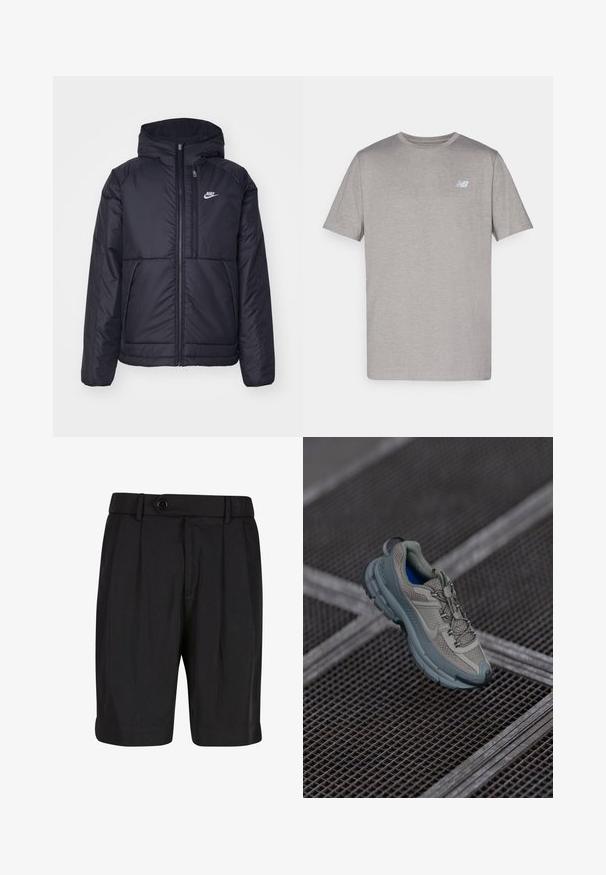 Sort, polstret Nike-jakke med frontlynlås og hætte. Har et hvidt logo på venstre bryst og to frontlommer. Glat ydre tekstur.; Grå kortærmet t-shirt lavet af blødt stof med et subtilt logo i lyseblå på venstre bryst. Rund halsudskæring, almindelig pasform.; Sorte shorts lavet af stof med en glat tekstur, med folder, en knaplukning og en opsmøgning i kanten for et struktureret udseende.; Beige og grå sportsko med tekstureret mesh-overdel, rund tå og gummisål, med snørebånd og polstret krave.