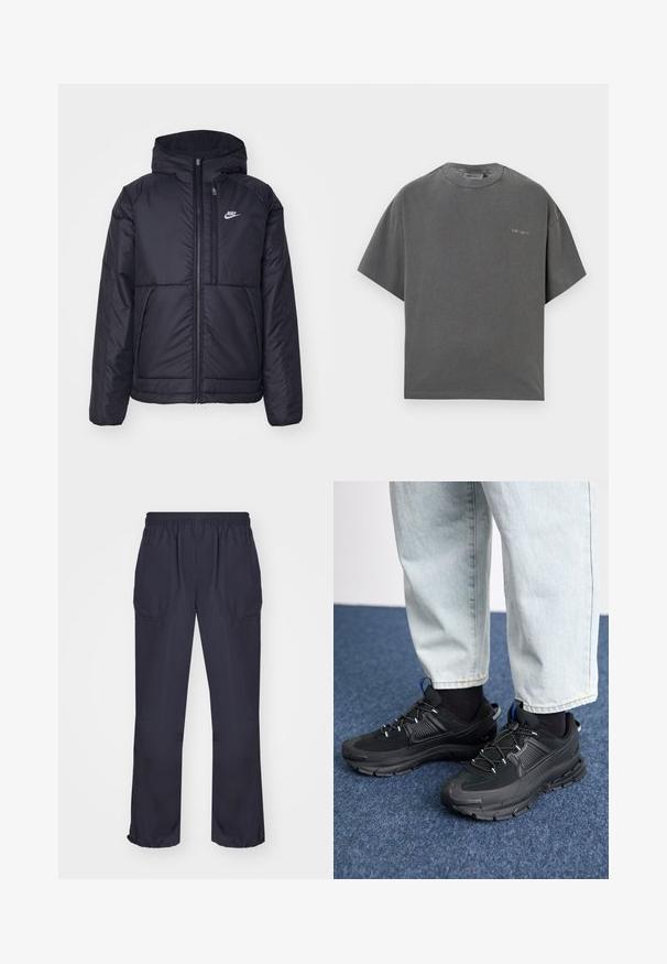 Must musta Nike jope, millel on ees lukuga avamine ja kapuuts. Vasakpoolne rind on kaunistatud valge logoga ning ees on kaks taskut. Sile välimine tekstuur.; Hall hõlmadega t-särk pehmes puuvilla segus, halli värvi, laiem lõige ja ümar kaelus, rindkere piirkonnas diskreetne logo detail. Sile kangastekstuuri.; Navy sinine sportlikud püksid elastse vöökoha, küljetaskute ja elastsete mansettidega pahkluude juures, valmistatud kergest kangast.; Mustad mustad jooksukingad, millel on tekstureeritud kangas ja kummist tallad, elastsed nöörid ning sinine aksent kandadel. Kandmine heledate teksadega.