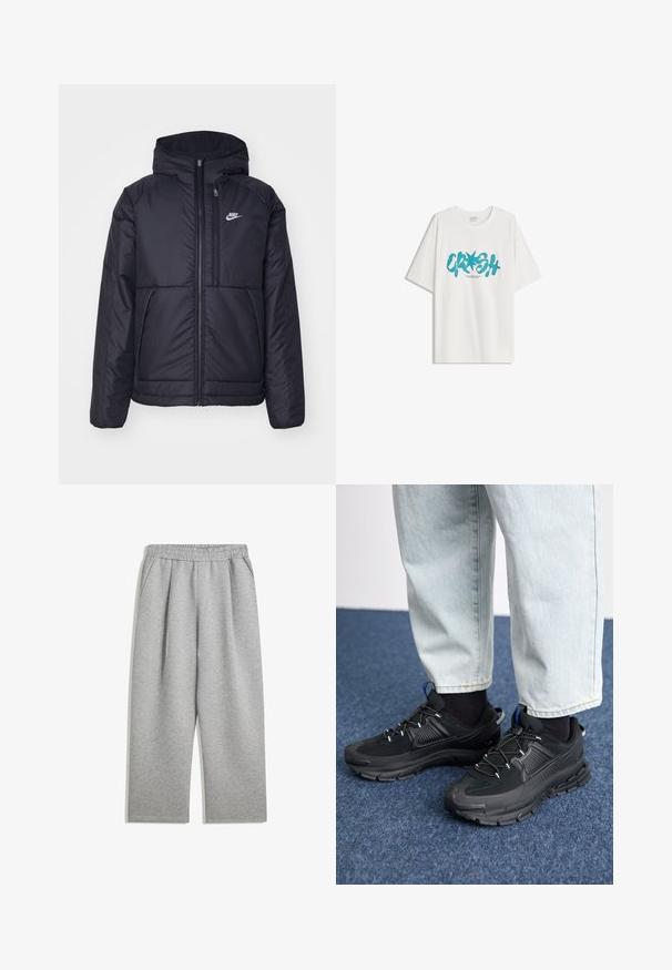 Veste Nike noire rembourrée avec une fermeture éclair sur le devant et une capuche. Elle présente un logo blanc sur la poitrine gauche et deux poches avant. Texture extérieure lisse.; Bershka SHORT SLEEVE - T-shirt imprimé - white; Pantalon de survêtement gris clair avec taille élastique et poches latérales, coupe droite, fabriqué en tissu doux.; Des chaussures de sport noires avec un tissu texturé et des semelles en caoutchouc, dotées de lacets élastiques et d'un accent bleu au talon. Portées avec un pantalon en denim clair.
