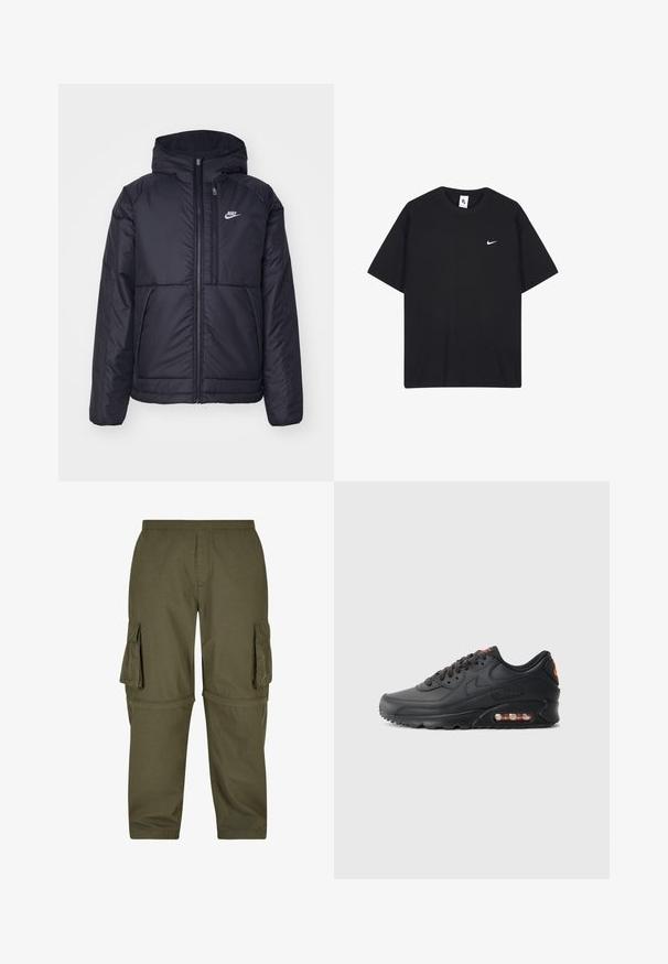Czarna, pikowana kurtka Nike z przednim zamkiem błyskawicznym i kapturem. Posiada białe logo po lewej stronie klatki piersiowej oraz podwójne kieszenie z przodu. Gładka struktura zewnętrzna.; Czarna koszulka Nike wykonana z bawełny, z okrągłym dekoltem i krótkimi rękawami. Zawiera małe białe logo Nike na lewej piersi.; Oliwkowe spodnie cargo wykonane z lekkiego materiału, posiadające liczne boczne kieszenie, elastyczny pas i prosty krój.; Sneakers Nike Air Max 90 z czarną syntetyczną cholewką, teksturowanym wykończeniem, sznurowanym przodem, widoczną jednostką powietrzną oraz pomarańczowym akcentem w postaci logo.