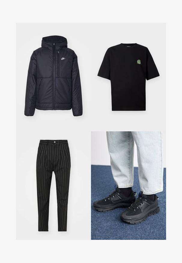 Juodas, paminkštintas Nike džemperis su priekyje užtrauktuku ir gobtuvu. Pasižymi balta logo kairėje krūtinės pusėje ir dviem priekinėmis kišenėmis. Su lygiu išoriniu paviršiumi.; Juodas trumpas rankoves marškinėliai, pagaminti iš medvilnės, su žaliu logotipu kairėje krūtinės pusėje. Apvalus iškirpimas, laisvas kirpimas ir lygus tekstūra.; Juodi dryžuoti keliai su pritaikytu kirpimu, su priekiniais mygtukais, diržo kilpomis ir glotnia audinio tekstūra.; Juodi sportiniai bateliai su tekstūruota medžiaga ir guminiais padais, su elastingomis raišteliais ir mėlynu akcentu ant kulno. Dėvimi su šviesiai mėlynomis džinsinėmis kelnėmis.