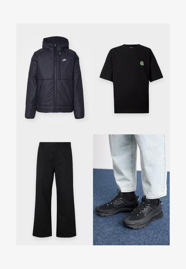 Black, padded Nike jacket with a front zipper and hood. Features a white logo on the left chest and dual front pockets. Smooth exterior texture.; Black short-sleeve t-shirt made of cotton, featuring a green logo on the left chest. Crew neckline, relaxed fit, and smooth texture.; Black, wide-leg trousers made from smooth fabric. Features a button front closure and standard waistband. Minimalist design, no visible patterns.; Black athletic shoes with textured fabric and rubber soles, featuring elastic laces and a blue accent on the heel. Worn with light denim pants.