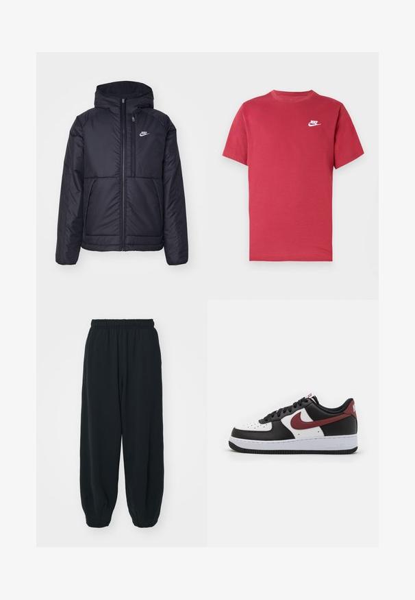 Melna, pufota Nike jaka ar priekšējo rāvējslēdzēju un kapuci. Iezīmēta ar baltu logotipu uz kreisās krūtis un divām priekšējām kabatām. Gluda ārējā tekstūra.; Sarkana Nike īsroku T-krekls ar baltu logotipu uz kreisās krūts, apaļu kakla izgriezumu un vienkāršu dizainu uz neitrālas fona.; Melnas sporta bikses ar elastīgu jostasvietu, brīvu piegriezumu, aprocēm ap potītēm, gludu tekstūru, un bez redzamām rakstu vai aparatūras akcentiem.; Melnas un baltas ādas sporta kurpes ar sarkanu Nike zīmi. Iezīmē perforētu purngalu, melnu šņoru un baltu vidējo zoli ar strukturētu melnu zoli.