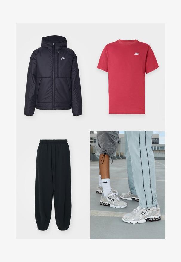 Casaco Nike preto, acolchoado, com fecho à frente e capuz. Apresenta um logo branco no lado esquerdo do peito e dois bolsos frontais. Textura exterior lisa.; T-shirt vermelha de mangas curtas da Nike com logótipo branco no peito esquerdo, decote redondo e design simples sobre um fundo neutro.; Calças de fato de treino pretas, com cintura elástica e um corte solto, com punhos nas pernas, textura suave e sem padrões visíveis ou detalhes de metal.; Ténis de desporto Nike em material de malha prateada, com atacadores brancos, um logo Swoosh preto e uma sola de amortecimento em negro e vermelho.