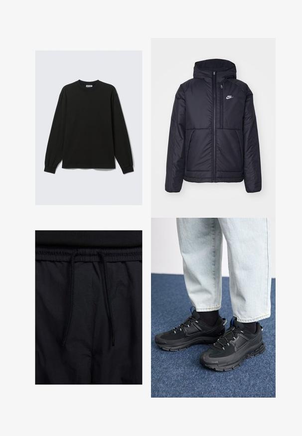 Schwarze, gepolsterte Nike-Jacke mit Frontreißverschluss und Kapuze. Hat ein weißes Logo auf der linken Brust und zwei Fronttaschen. Glattes äußeres Material.; Schwarzes Langarm-T-Shirt aus Baumwolle mit rundem Halsausschnitt und gerippten Bündchen, mit geradem Saum und dezenten Nahtdetails.; Schwarze Shorts mit einem Kordelzugbund, leichtem Stoff mit glatter Textur und einem schlichten Design ohne sichtbare Logos oder Muster.; Schwarze Sportschuhe aus strukturiertem Stoff mit Gummisohlen, ausgestattet mit elastischen Schnürsenkeln und einem blauen Akzent an der Ferse. Getragen mit hellen Jeans.