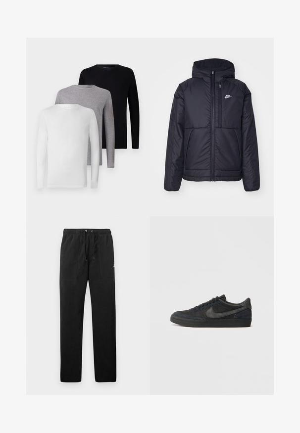 Juodas, paminkštintas Nike džemperis su priekyje užtrauktuku ir gobtuvu. Pasižymi balta logo kairėje krūtinės pusėje ir dviem priekinėmis kišenėmis. Su lygiu išoriniu paviršiumi.; Penkių ilgomis rankovėmis marškinėlių komplektas: juodas, baltas, pilkas. Pagaminti iš medvilnės, su apvaliais iškirpimais ir paprastais, nepuoštais dizainais.; Juodos vilnonės kelnės su elastiniu juosmeniu ir raišteliais, dviem priekinėmis kišenėmis ir maža slogo ant šlaunies.; Juodi suediniai sportbačiai su žemu profiliu, guminiu padu, tekstūruotomis šoninėmis dalimis ir toniniu Nike swoosh logo. Su raišteliais priekyje, paminkštintu apykakle.