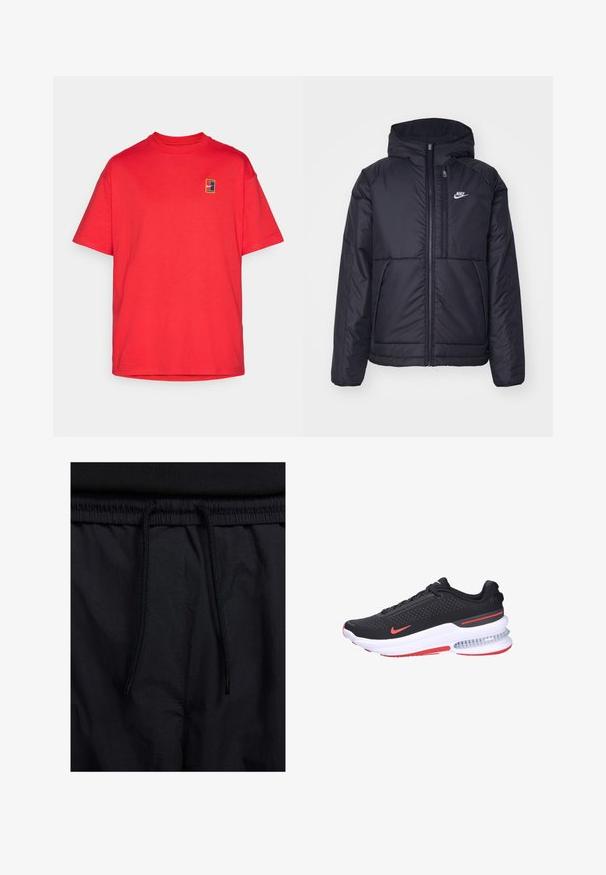 Chaqueta acolchada negra de Nike con cremallera frontal y capucha. Presenta un logo blanco en el lado izquierdo del pecho y dos bolsillos frontales. Textura exterior suave.; Camiseta de algodón roja con cuello redondo, mangas cortas y un pequeño parche con un diseño multicolor en el lado izquierdo del pecho.; Pantalones cortos negros con cinturilla ajustable, tejido ligero con una textura suave y un diseño sencillo sin logotipos visibles ni patrones.; Zapatillas deportivas negras con parte superior texturizada, acentos rojos y amortiguación de aire visible en la suela. Presenta un diseño perforado y cordones.