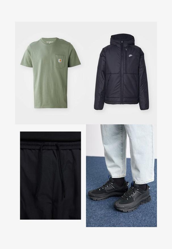 Fekete, párnázott Nike dzseki elülső cipzárral és kapucnival. A bal mellen fehér logó található, valamint két elülső zseb. Simának tűnő külső felület.; Olívazöld pamut póló, kerek nyakkivágással, rövid ujjakkal és bal melletti zsebbe varrt logós felirattal.; Fekete rövidnadrág, húzózsinórral ellátott derékrésszel, könnyű anyagból, sima felszínen, egyszerű dizájnnal, látható logók vagy minták nélkül.; Fekete sportcipők texturált anyaggal és gumitalppal, elasztikus fűzőkkel és kék kiegészítővel a saroknál. Világos farmernadrággal viselve.