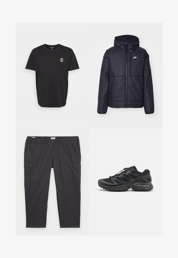 Juodas, paminkštintas Nike džemperis su priekyje užtrauktuku ir gobtuvu. Pasižymi balta logo kairėje krūtinės pusėje ir dviem priekinėmis kišenėmis. Su lygiu išoriniu paviršiumi.; Juodas medvilninis T–šurtas su apvaliomis kaklo išpjovomis. Kairėje krūtinės pusėje yra mažas baltas saulės ir akies grafikas. Trumpomis rankovėmis, įprasto kirpimo.; Juodos cargo kelnės su elastine juosta, šoninėmis kišenėmis ir mygtukų akcentais. Pagaminta iš lengvos, glotnios medžiagos.; Juodas bėgimo batelis su tinkliniu ir sintetinėmis viršutinėmis dalimis, lanksčia pado dalimi ir elastingomis raištelėmis. Yra pagalvota vidurio dalis, užtikrinanti komfortą.