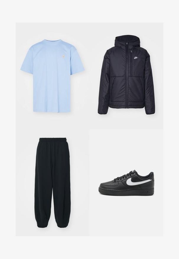 Chaqueta acolchada negra de Nike con cremallera frontal y capucha. Presenta un logo blanco en el lado izquierdo del pecho y dos bolsillos frontales. Textura exterior suave.; Camiseta de algodón azul claro con mangas cortas, cuello redondo y pequeño logo bordado en naranja en el pecho. Diseño simple y sin adornos.; Pantalones de chándal negros con cintura elástica, de corte holgado, con puños en los tobillos, textura suave y sin patrones visibles ni acentos metálicos.; Zapatillas Nike Air Force 1 negras con parte superior de cuero liso, acento de logo blanco, punta perforada y suela de goma texturizada.