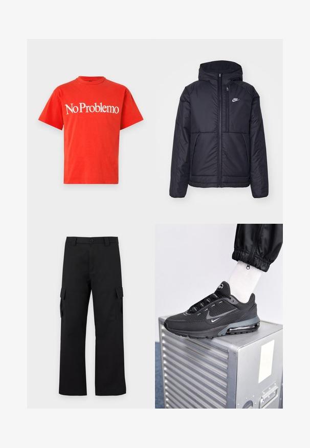 Czarna, pikowana kurtka Nike z przednim zamkiem błyskawicznym i kapturem. Posiada białe logo po lewej stronie klatki piersiowej oraz podwójne kieszenie z przodu. Gładka struktura zewnętrzna.; Czerwona bawełniana koszulka z krótkim rękawem i okrągłym dekoltem. Posiada wyrazisty biały napis "No Problemo" na piersi. Gładka tekstura.; Czarne spodnie cargo o prostym kroju. Wykonane z trwałej tkaniny, posiadają dwie boczne kieszenie z klapkami oraz zapięcie na guzik.; Nike Sportswear PULSE czarny