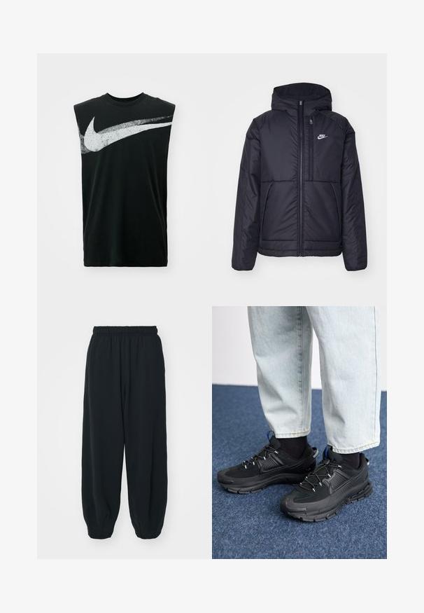Giacca Nike nera, imbottita, con zip frontale e cappuccio. Presenta un logo bianco sul lato sinistro del petto e doppie tasche frontali. Texture esterna liscia.; Nike Performance TEE - Top - black; Pantaloni da jogging neri con vita elasticizzata, dalla vestibilità morbida, caviglie a costina, texture liscia e senza motivi visibili o dettagli in metallo.; Scarpe sportive nere con tessuto testurizzato e suole in gomma, dotate di lacci elastici e un accento blu sul tallone. Indossate con pantaloni in denim chiaro.
