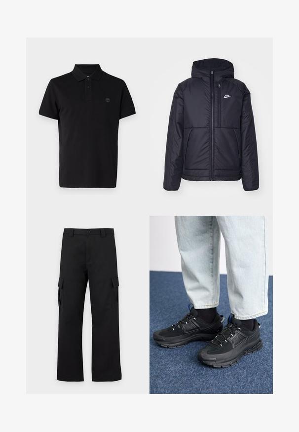 Černá zateplená bunda Nike s předním zipem a kapucí. Na levé straně hrudi má bílé logo a dvojité přední kapsy. Hladký povrch.; Černé polo tričko s hladkým límečkem, dvouknoflíkovou légu a vyšívaným logem na levé straně hrudi. Krátké rukávy.; Černé cargo kalhoty s rovnou nohavicí. Vyrobené z odolného materiálu, obsahují dvě boční kapsy se zapínáním na klopu a knoflíkový zip.; Černé sportovní boty s texturovanou tkaninou a gumovou podrážkou, s elastickými tkaničkami a modrým akcentem na patě. Nosí se s světlými džíny.