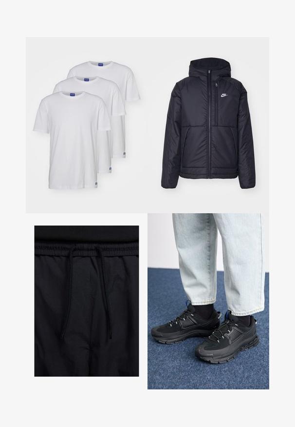 Musta, pehmustettu Nike-takki, jossa on etuvetoketju ja huppu. Vasemmassa rinnassa on valkoinen logo ja takissa on kaksinkertaiset etutaskut. Pintakoe on sileä.; Kolme valkoista puuvillapaitaa, joissa on pyöreä kaula-aukko, lyhyet hihat ja siniset logo-tarrat helman lähellä. Liukas pinta ja normaali leikkaus.; Mustat shortsit, joissa on naru vyötäröllä, kevyestä kankaasta valmistettu, sileä tekstuuri ja yksinkertainen muotoilu ilman näkyviä logoja tai kuvioita.; Mustat urheilukengät, joissa on teksturoitu kangas ja kumipohjat, elastiset nauhat ja sininen yksityiskohta kannassa. Yhdistetty vaaleisiin farkkuihin.