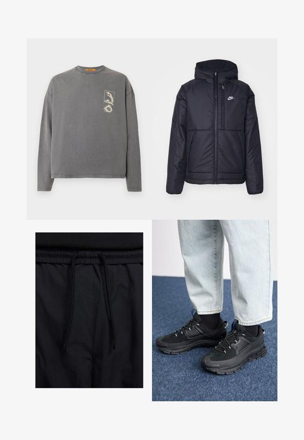Must musta Nike jope, millel on ees lukuga avamine ja kapuuts. Vasakpoolne rind on kaunistatud valge logoga ning ees on kaks taskut. Sile välimine tekstuur.; Replay Inc. Pikkade varrukatega topp - stoned grey; Mustad lühikesed püksid, millel on paelaga vöökoht, kerge kangas, mis on sileda tekstuuriga ning lihtne disain ilma nähtavate logode või mustriteta.; Mustad mustad jooksukingad, millel on tekstureeritud kangas ja kummist tallad, elastsed nöörid ning sinine aksent kandadel. Kandmine heledate teksadega.