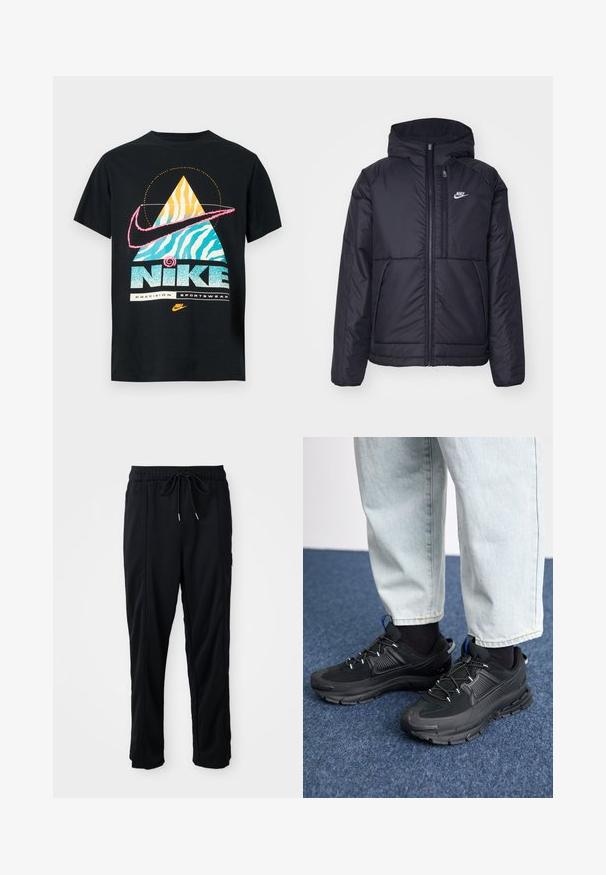Juodas, paminkštintas Nike džemperis su priekyje užtrauktuku ir gobtuvu. Pasižymi balta logo kairėje krūtinės pusėje ir dviem priekinėmis kišenėmis. Su lygiu išoriniu paviršiumi.; Juodas medvilninis marškinėliai su spalvinga geometrijos schema, kurioje matomas geltonas ir mėlynas piramidė, rožinė „Nike“ šypsena ir blizgučiais puošti žodžiai "Nike Precision Sportswear."; Juodos laisvos kelnės su raišteliu liemens, šoninėmis kišenėmis ir tiesiu kirpimu ant vienodos fono.; Juodi sportiniai bateliai su tekstūruota medžiaga ir guminiais padais, su elastingomis raišteliais ir mėlynu akcentu ant kulno. Dėvimi su šviesiai mėlynomis džinsinėmis kelnėmis.