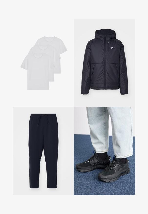 Jachetă Nike neagră, căptușită, cu fermoar pe față și glugă. Prezintă un logo alb pe pieptul stâng și două buzunare frontale. Textură exterioară netedă.; Trei tricouri albe din bumbac moale, cu mâneci scurte și guler rotund, aranjate neat cu detalii de coasere minime.; Pantaloni de jogging negri, confecționați dintr-un material moale, cu un bandou elastic și șnur, piciorușe înguste și buzunare laterale.; Pantofi sport negri, cu țesătură texturată și tălpi din cauciuc, având șireturi elastice și un accent albastru pe toc. Purtați cu pantaloni din denim deschis.