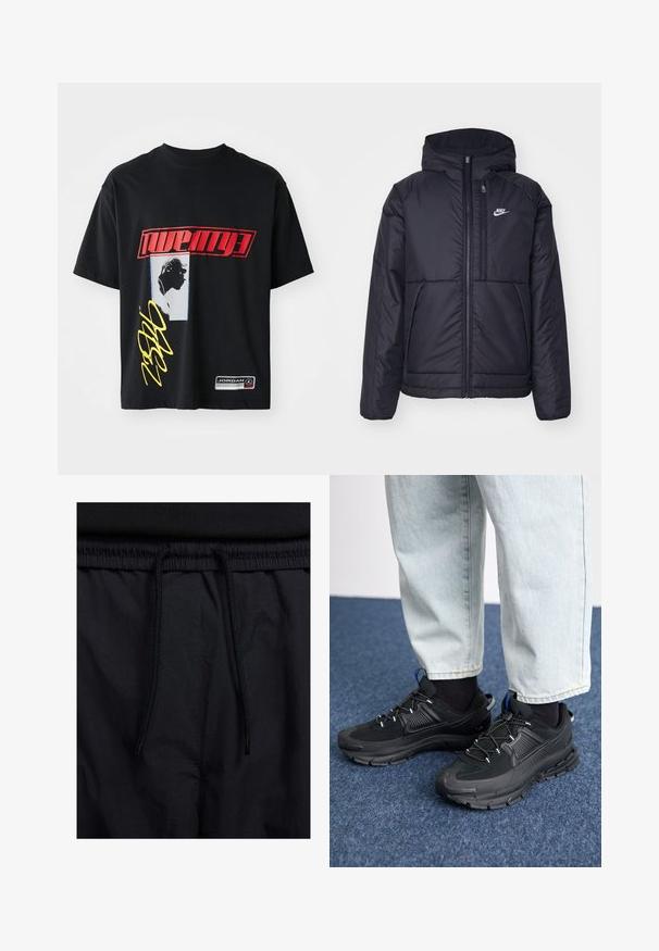 Crna Nike jakna s podstavom, dugmadi sprijeda i kapuljačom. Ima bijeli logotip na lijevoj strani prsnog koša i dva prednja džepa. Glatka vanjska tekstura.; Crna pamučna majica s odvažnim crvenim i žutim grafičkim motivima, silueta dizajn i logotip na rubu. Standardni kroj s okruglim izrezom.; Crne kratke hlače s pojasom na vezanje, lagani materijal s glatkom teksturom i jednostavan dizajn bez vidljivih logotipa ili uzoraka.; Crne atletske cipele s teksturiranom tkaninom i gumene potplate, s elastičnim vezicama i plavim akcentom na peti. Nosene su s svijetlim trapericama.