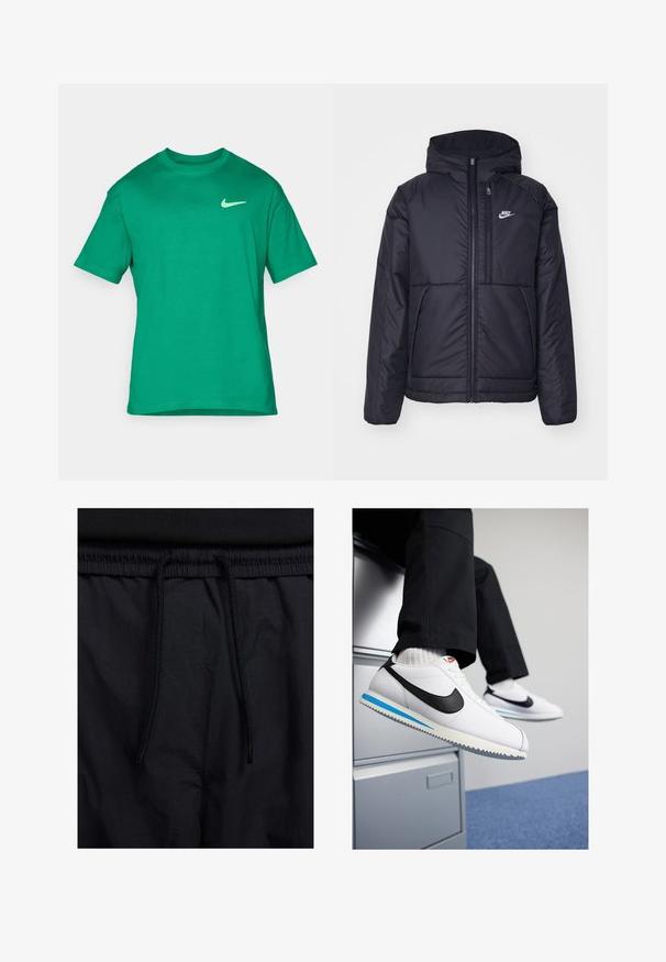 Melna, pufota Nike jaka ar priekšējo rāvējslēdzēju un kapuci. Iezīmēta ar baltu logotipu uz kreisās krūtis un divām priekšējām kabatām. Gluda ārējā tekstūra.; Zaļš kokvilnas T-krekls ar apaļu kakla izgriezumu, īsām piedurknēm un mazu baltu Nike logo kreisā krūšu daļā. Gluda tekstūra, standarta piegriezums.; Melni šorti ar sašūtu jostu, viegls audums ar gludu tekstūru un vienkāršs dizains bez redzamiem logotipiem vai paraugiem.; Baltas ādas sporta apavi ar melnu Nike zīmi, gaiši zilu un pelēku gumijas zoli un klasisku auklu dizainu. Kājām atpūšoties uz dokumentu skapja.