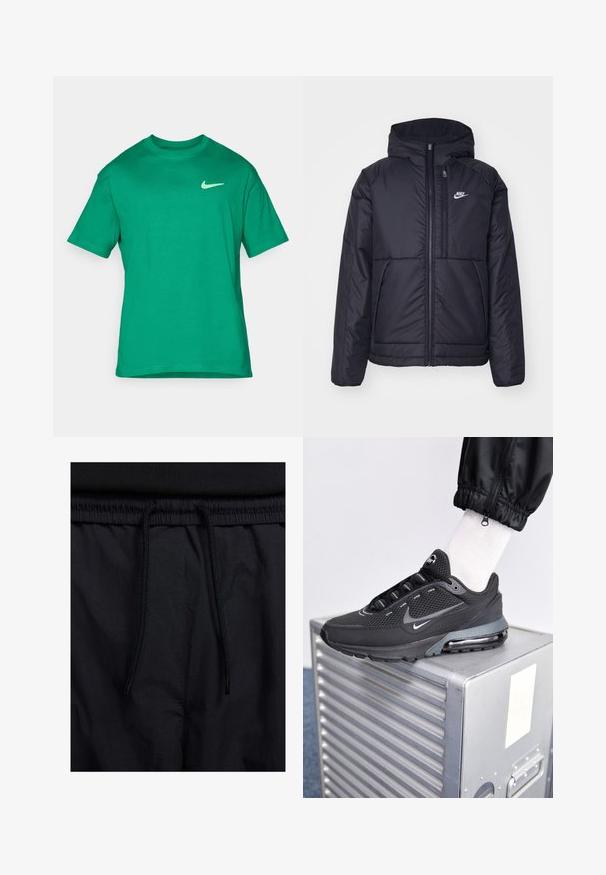 Chaqueta acolchada negra de Nike con cremallera frontal y capucha. Presenta un logo blanco en el lado izquierdo del pecho y dos bolsillos frontales. Textura exterior suave.; Camiseta de algodón verde con cuello redondo, mangas cortas y un pequeño logo blanco de Nike en el lado izquierdo del pecho. Textura suave, corte estándar.; Pantalones cortos negros con cinturilla ajustable, tejido ligero con una textura suave y un diseño sencillo sin logotipos visibles ni patrones.; Nike Sportswear PULSE - Zapatillas - black/anthracite