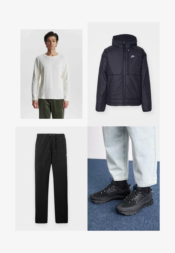 Fekete, párnázott Nike dzseki elülső cipzárral és kapucnival. A bal mellen fehér logó található, valamint két elülső zseb. Simának tűnő külső felület.; Fehér, hosszú ujjú, bordás felső kerek nyakkivágással, texturált mintával és illeszkedő ujjakra, olíva zöld nadrággal párosítva.; Fekete, bolyhos anyagú melegítők, elasztikus derékkal és húzózsinórral, két elülső zsebbel és egy kisméretű logóval a combján.; Fekete sportcipők texturált anyaggal és gumitalppal, elasztikus fűzőkkel és kék kiegészítővel a saroknál. Világos farmernadrággal viselve.