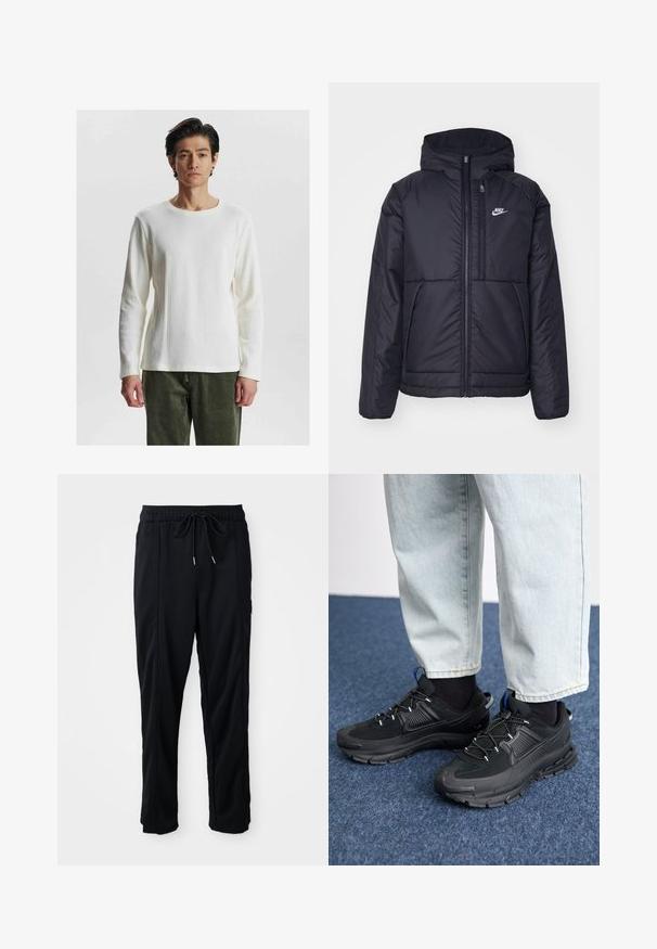 Schwarze, gepolsterte Nike-Jacke mit Frontreißverschluss und Kapuze. Hat ein weißes Logo auf der linken Brust und zwei Fronttaschen. Glattes äußeres Material.; Weißes langärmeliges, geripptes Oberteil mit Rundhals-Ausschnitt, das ein strukturiertes Muster und eng anliegende Ärmel aufweist, kombiniert mit olivgrünen Hosen.; Schwarze lässige Hosen mit Kordelzug und seitlichen Eingrifftaschen sowie geradem Bein auf einem einfarbigen Hintergrund.; Schwarze Sportschuhe aus strukturiertem Stoff mit Gummisohlen, ausgestattet mit elastischen Schnürsenkeln und einem blauen Akzent an der Ferse. Getragen mit hellen Jeans.