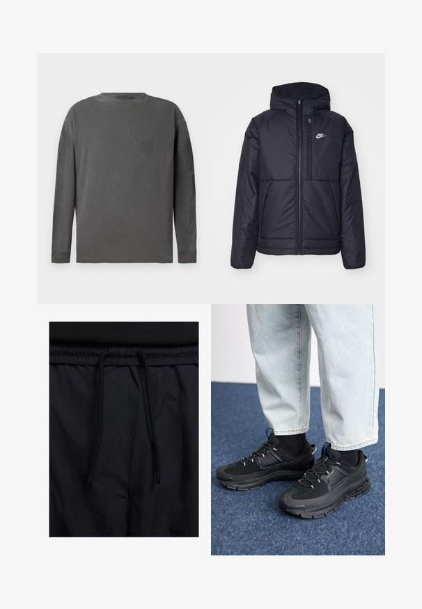 Zwarte, gewatteerde Nike-jas met een voorkant met ritssluiting en capuchon. Kenmerkt zich door een wit logo op de linkerborst en dubbele frontzakken. Gladde buitenkant.; Grijze langemouwen t-shirt van een katoenmix, ronde hals, met een subtiel logo en abstracte ontwerpen op de mouwen; zachte textuur.; Zwarte shorts met een drawstring tailleband, lichtgewicht stof met een zachte textuur en een eenvoudig ontwerp zonder zichtbare logo's of patronen.; Zwarte sportschoenen met gestructureerde stof en rubberen zolen, met elastische veters en een blauwe accent op de hiel. Draag samen met lichte spijkerbroeken.